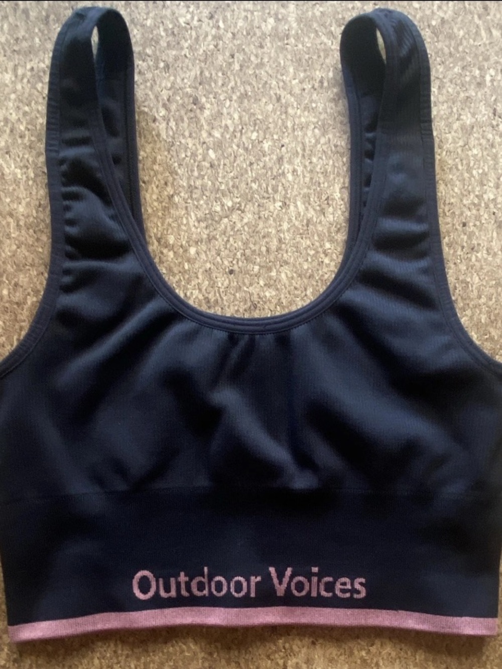 Outdoor Voices Seamless Black Sports Bra with Pink Band and Logo